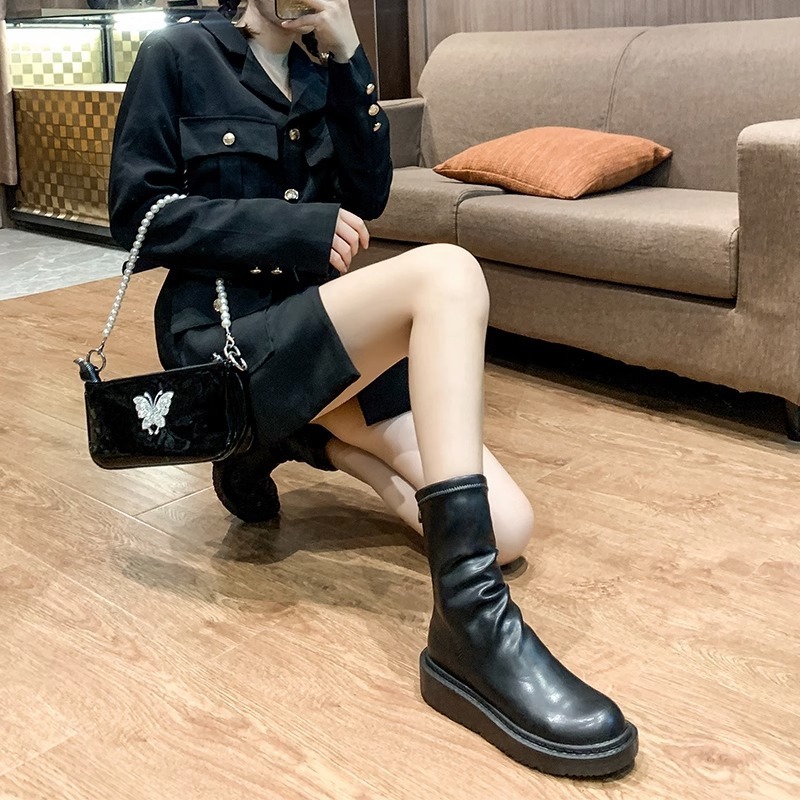 中筒靴厚底2025秋百搭真皮马丁靴女弹力短筒瘦瘦堆堆小腿短靴|undefined