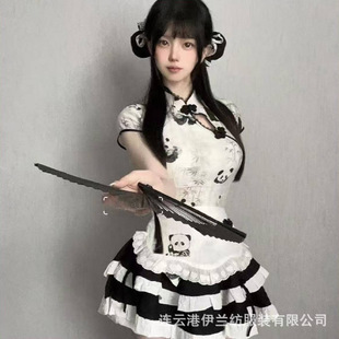 Cute Girl's New Chinese Style National Style Panda Printed Top High Waist Figure Flattering Puffy Cake Skirt Maid Apron suit