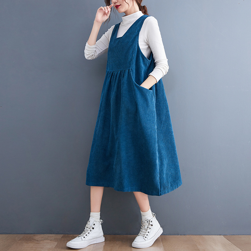 实拍秋季款休闲背带连衣裙复古灯芯绒长裙时尚网红宽松大码