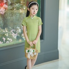 小清新绿色旗袍短袖薄款复古国风夏季儿童小女孩中大童连衣裙女童