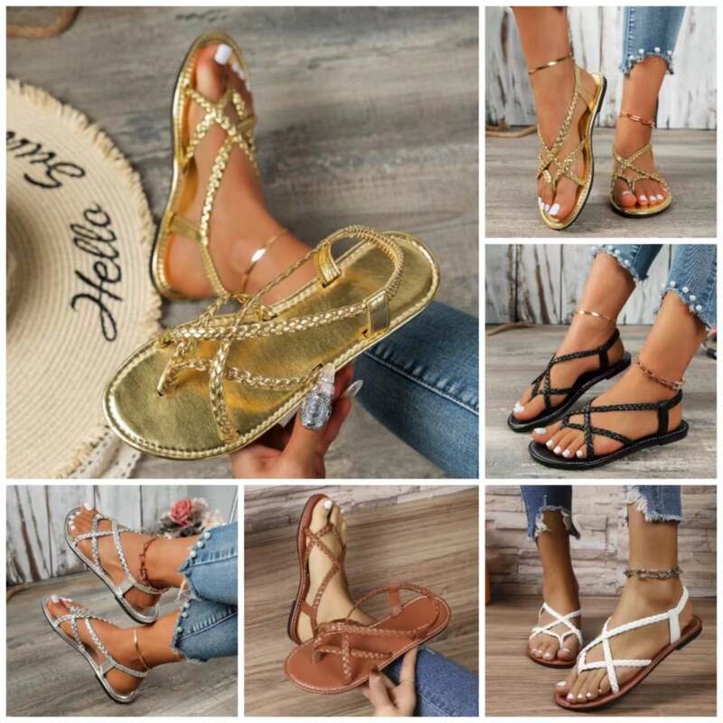 Solid Color Woven Strap Flat Roman Sandals Women Beach Sandals Women Rhinestone Roman Sandals Women Shoes Wholesale