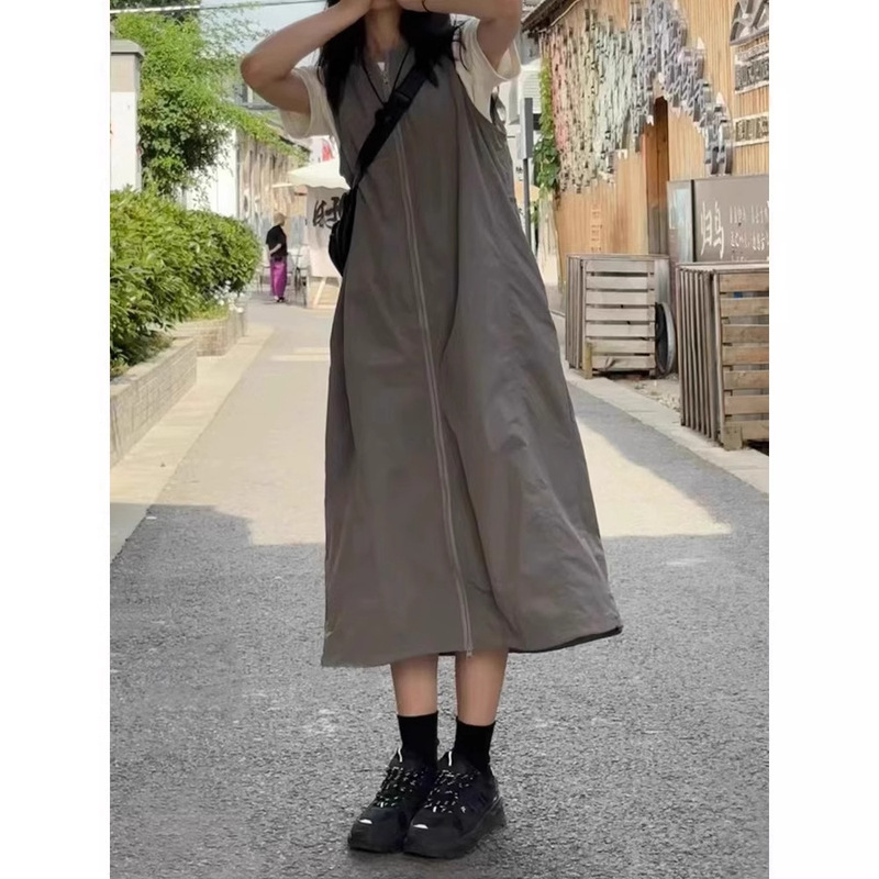 山系黑色工装背心裙女夏季新款连衣裙大码裙子胖mm宽松显瘦背带裙|undefined