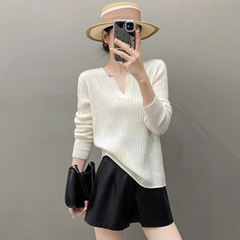 轻柔软糯~欧洲站baby小山羊绒衫女V领毛衣竖条套头针织打底衫秋冬