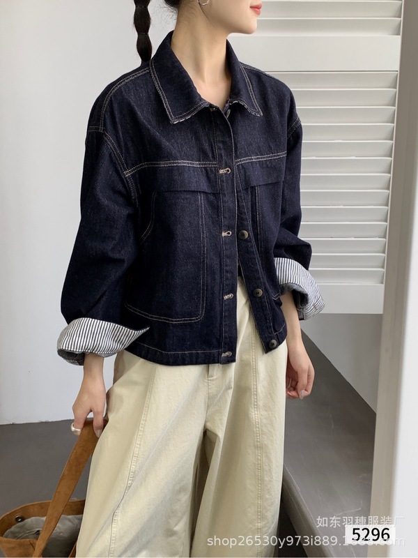 秋季深蓝色牛仔夹克上衣女2025感复古拼色宽松休闲短外套|undefined