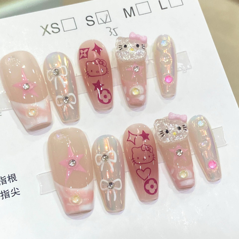 Nail Art Patch Whitening Cartoon Nail Patch Kitty Cat Handmade Wearable Nail Long Ladder French Manicure Manicure Tool