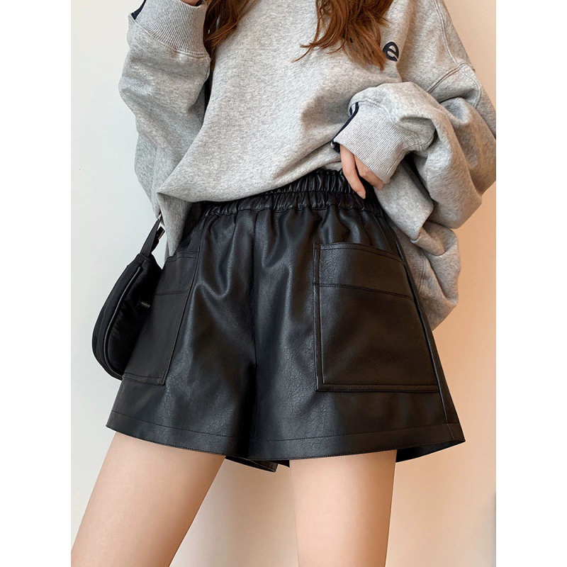 Кожаные брюки Женские шорты с высокой талией Осень и зима 2022 Новый стиль Кожаные шорты для внешнего ношения Свободные широкие штанины Базовые сапоги для похудения Модные