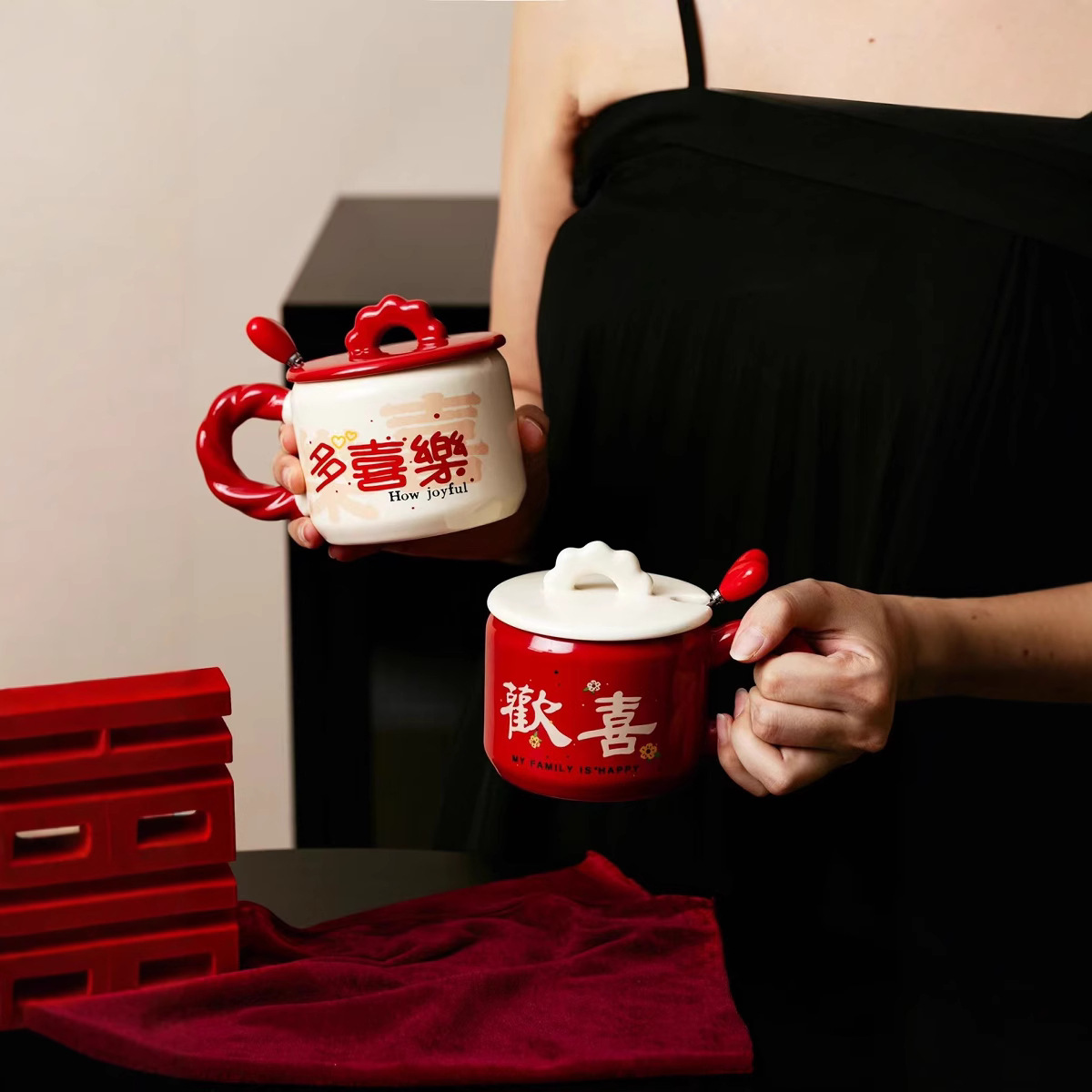 Regalos de boda chinos, tazas de cerámica, personajes rojos felices, tazas de cuchara con tapa, cajas de regalo, tazas de boda premium de alto valor