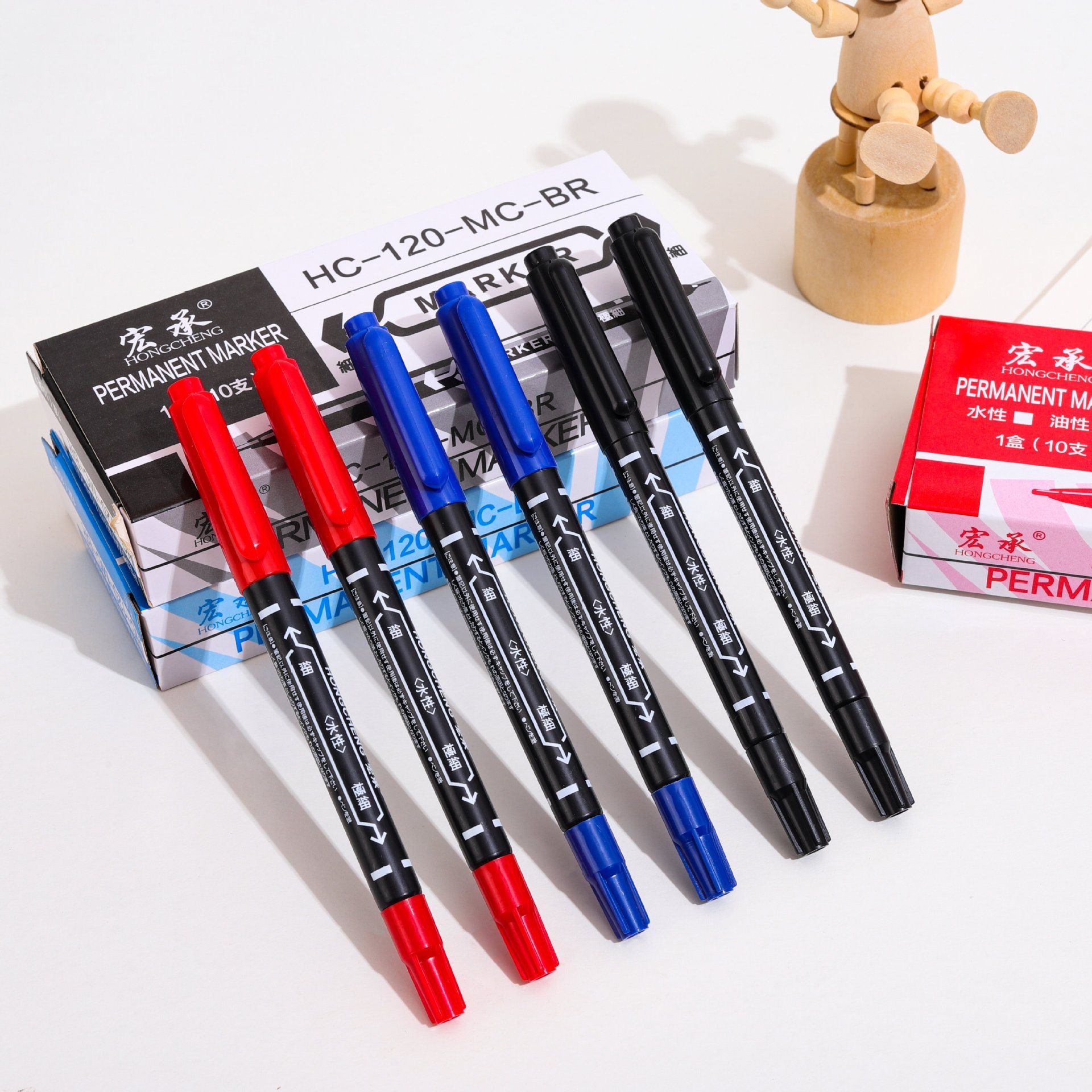 宏承 J9003  盒装水性双头记号笔-蓝（10个/盒）-黑