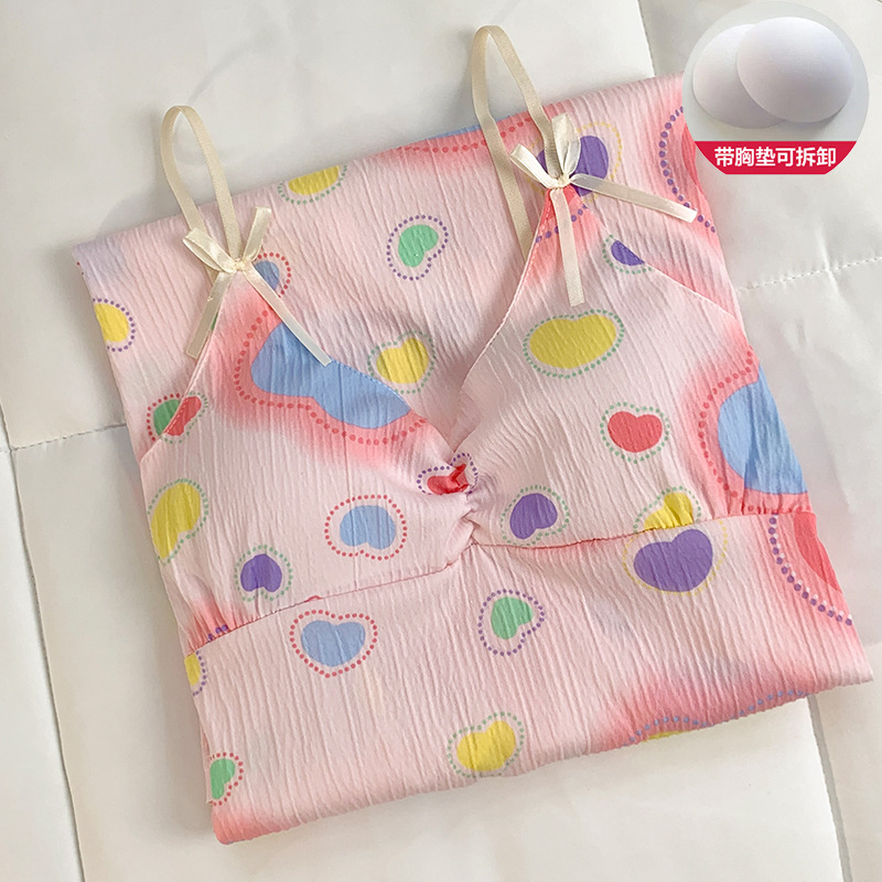 Verano nuevo estilo dulce amor camisón falda media femenina con almohadilla en el pecho lindo algodón imitación pliegue tirantes hogar camisón delgado
