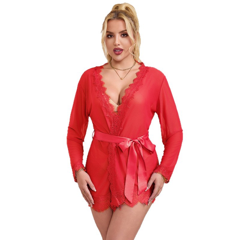 Ropa interior sexy de Europa y América de las mujeres sexy color sólido cardigan encaje-up pijamas suministro de comercio exterior AliExpress entrega de una sola pieza