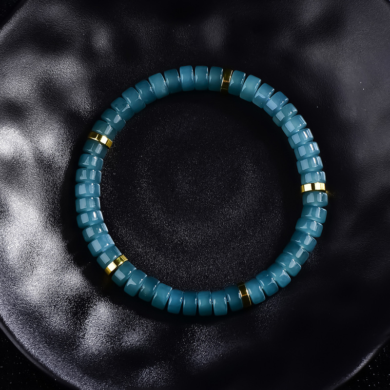 Ice-Type Jadeite Blue Water Straight-Cut Barrel Beads Bracelet with Gold Spacer Pieces, Simple and Elegant Style Ice-Type Jadeite Blue Water Straight-Cut Barrel Beads Bracelet with Gold Spacer Pieces, Simple and Elegant Style