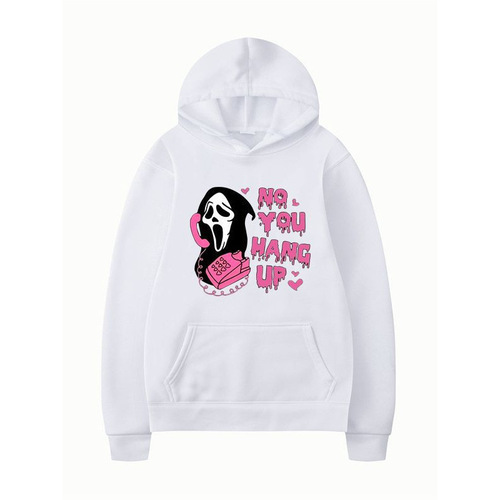 No You Hang Up Halloween Unisex Hooded Sweatshirt with Colorful Print Long Sleeve Loose Casual Top
