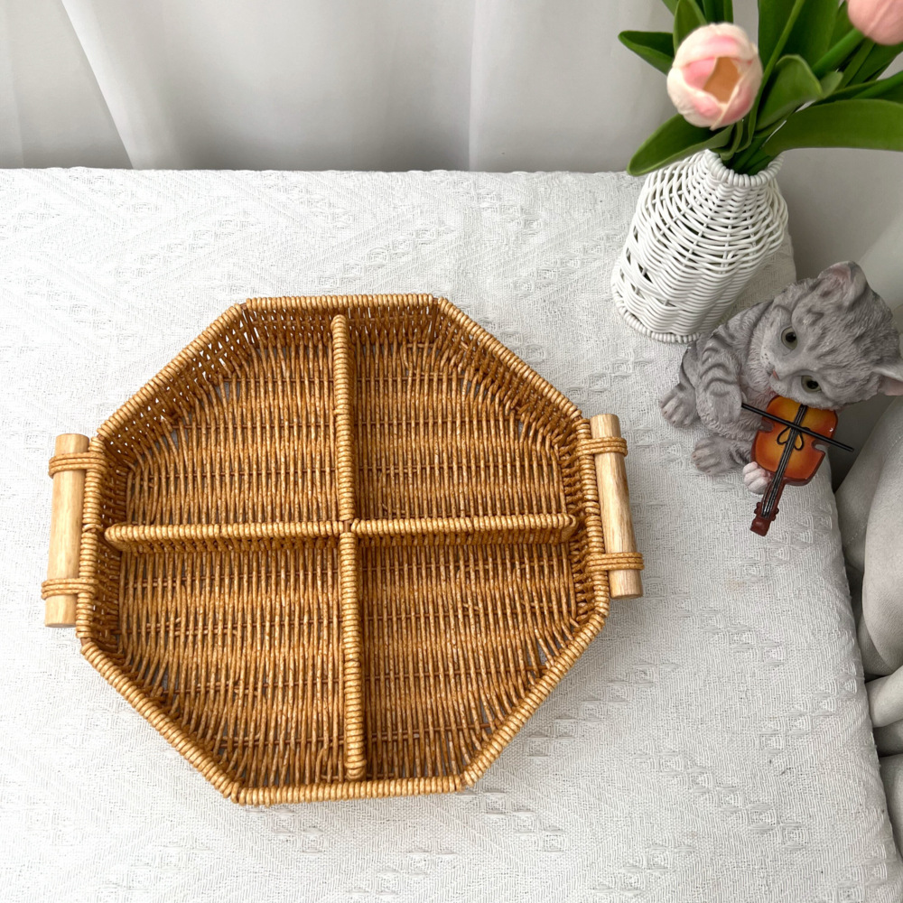 Cesta de almacenamiento tejida de ratán, mesa tejida, organización de artículos diversos, almacenamiento de bocadillos, bocadillos de frutas, bandeja de té de la tarde, almacenamiento de platos de frutas