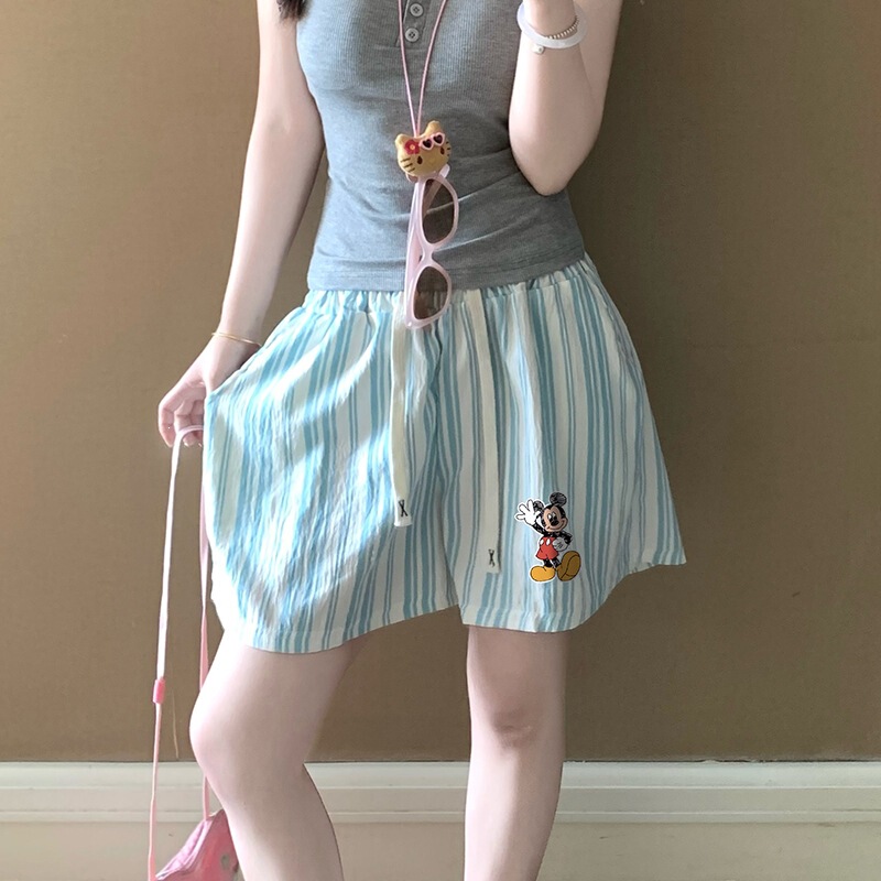 Blue Striped Dog Print Shorts for Women, Summer New Korean Style, Loose Thin Home Casual Pants Blue Striped Dog Print Shorts for Women, Summer New Korean Style, Loose Thin Home Casual Pants