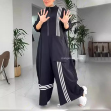 亚马逊跨境春夏季时尚新款中年妈妈宽松显瘦七分袖翻领拼接连体衣