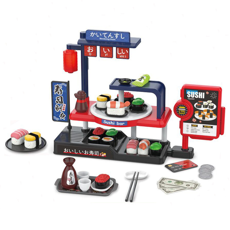 Simulación infantil transfronteriza mini-supermercado sushi mesa de pizza tarjeta de tarjeta de tarjeta de compra caja registradora hamburguesas juegos caseros
