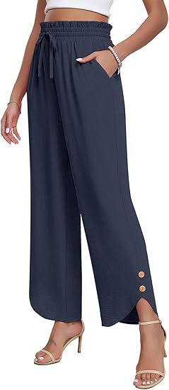 Women's High-Waisted Wide Leg Trousers Casual Drawstring Loose Business Style Adjustable Fit Bottoms_ecoleips.com