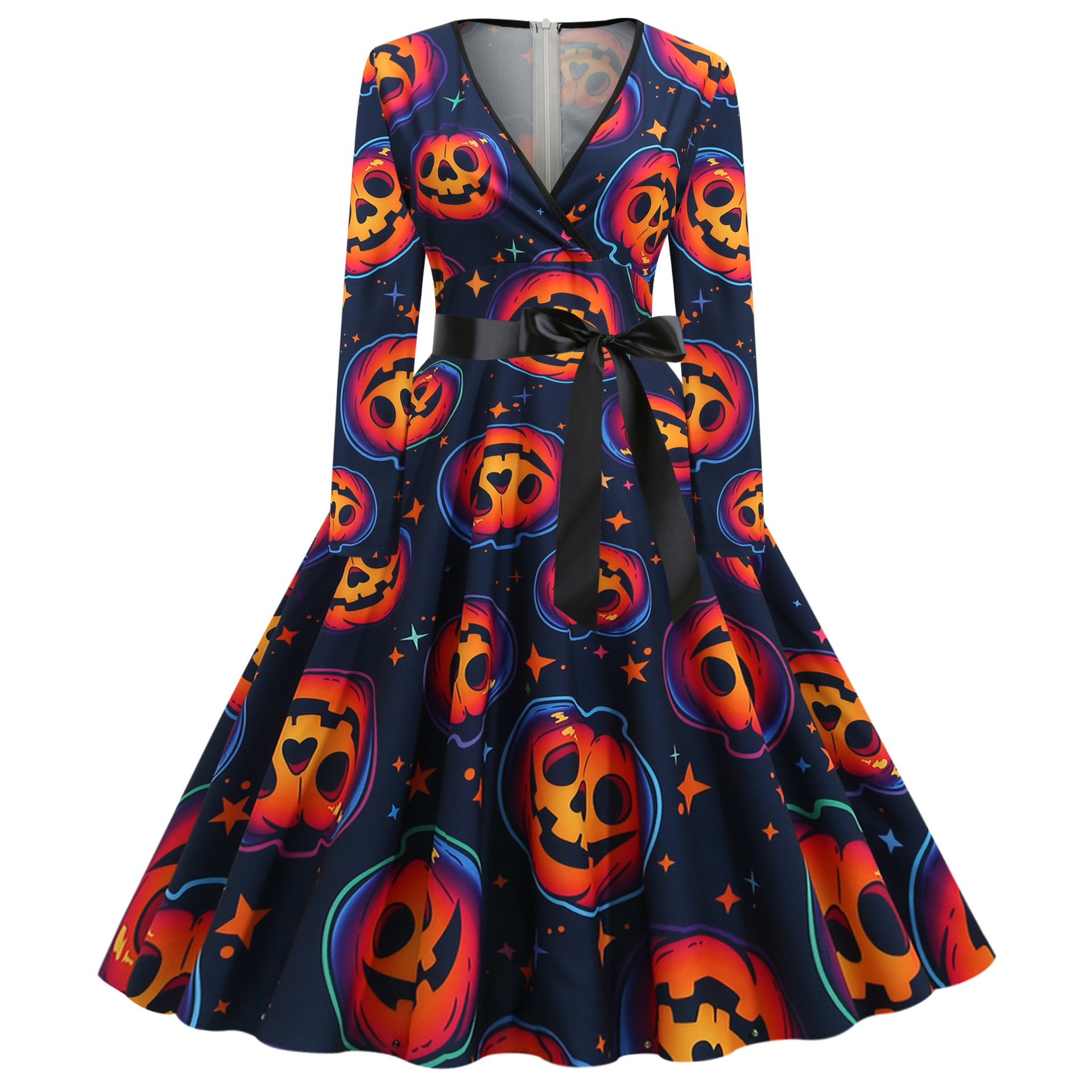 Real shot in stock 20.21 million holy festival new digital printing V-neck long sleeve large swing dress belt