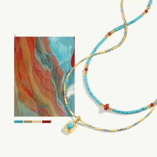 Red agate turquoise beaded titanium steel necklace light luxury niche jewelry women's high-end accessories neck chain clavicle chain