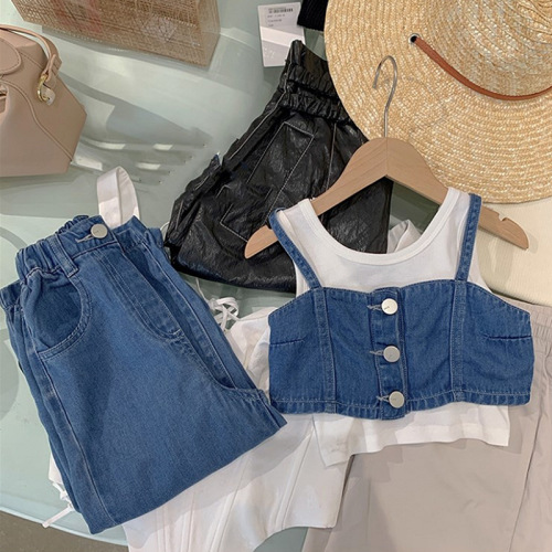 Girls suit suspender short top and denim wide leg pants 24 summer clothes new foreign trade children's clothing drop shipping 3-8 years old
