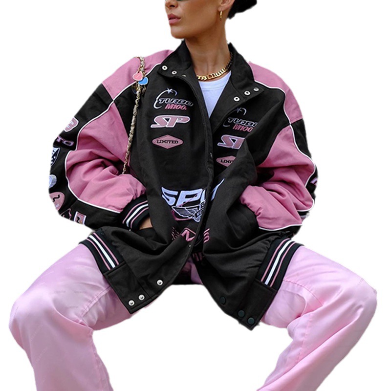 2024 Autumn/Winter New Jacket Sports Print Pink Casual Long Sleeve Motorcycle Style Coat_voghion.com