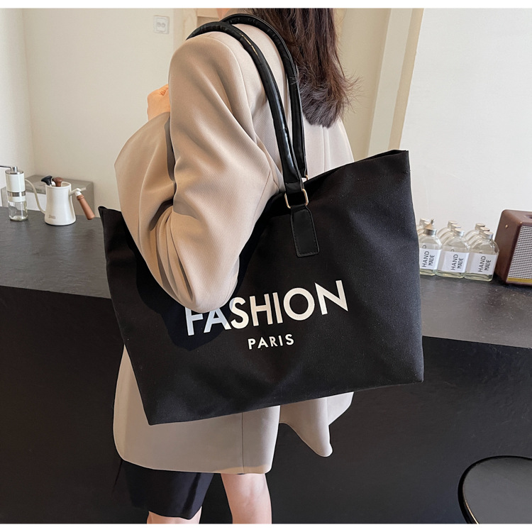 262g Weight Polyester Lining Material Open Closure Type Single Shoulder Strap Strap Type Tote Bag Bags Type Holiday, Daily Occasion Canvas Material Letter Pattern All Seasons Season Women's Gender Classic Style Style Square Shape Large Size Women's Large Canvas Letter Classic Style Square Open Tote Bag 12