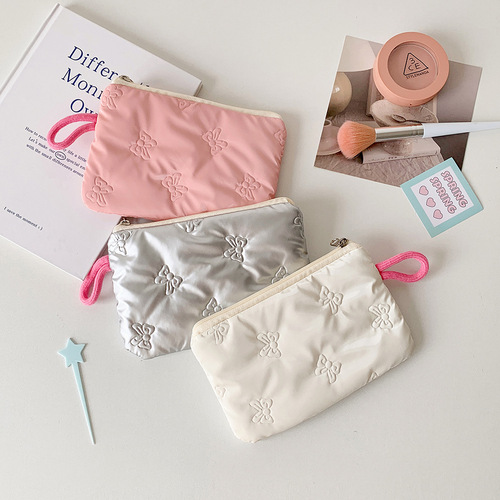 Minimalist pressed flower storage bag, solid-color bow portable storage bag, student storage and classification bag, earphone bag, hygiene bag