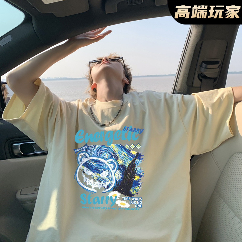 100%纯棉设计感涂鸦简约字母印花短袖美式复古t恤夏季宽松上衣男