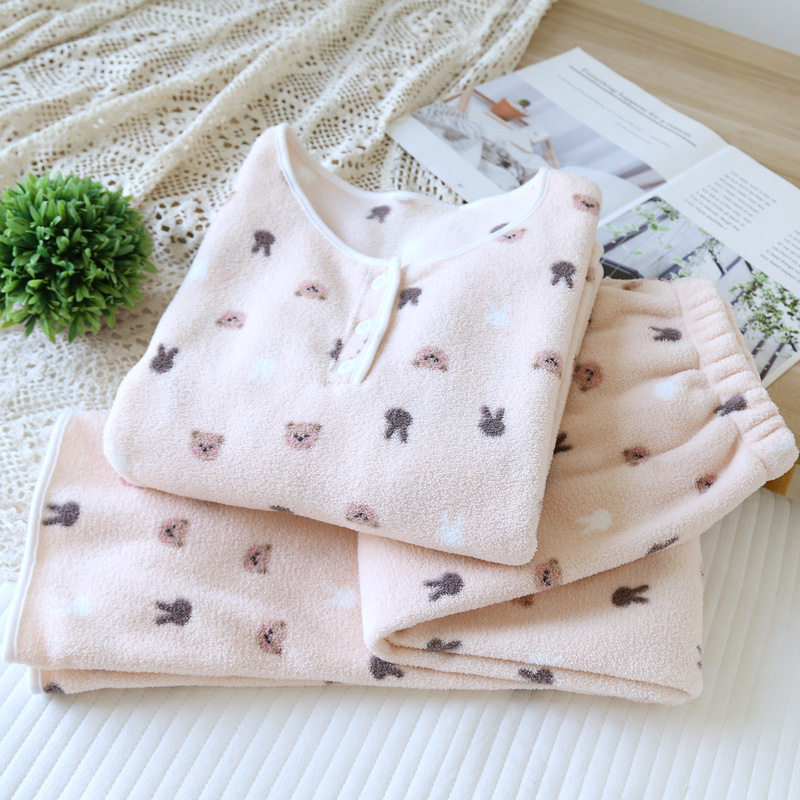 Winter Pajamas Women's Polar Fleece Thickened Warm Cartoon Pullover Long Sleeve Loose Home Clothes Set Can Be Worn Outside Spring and Autumn