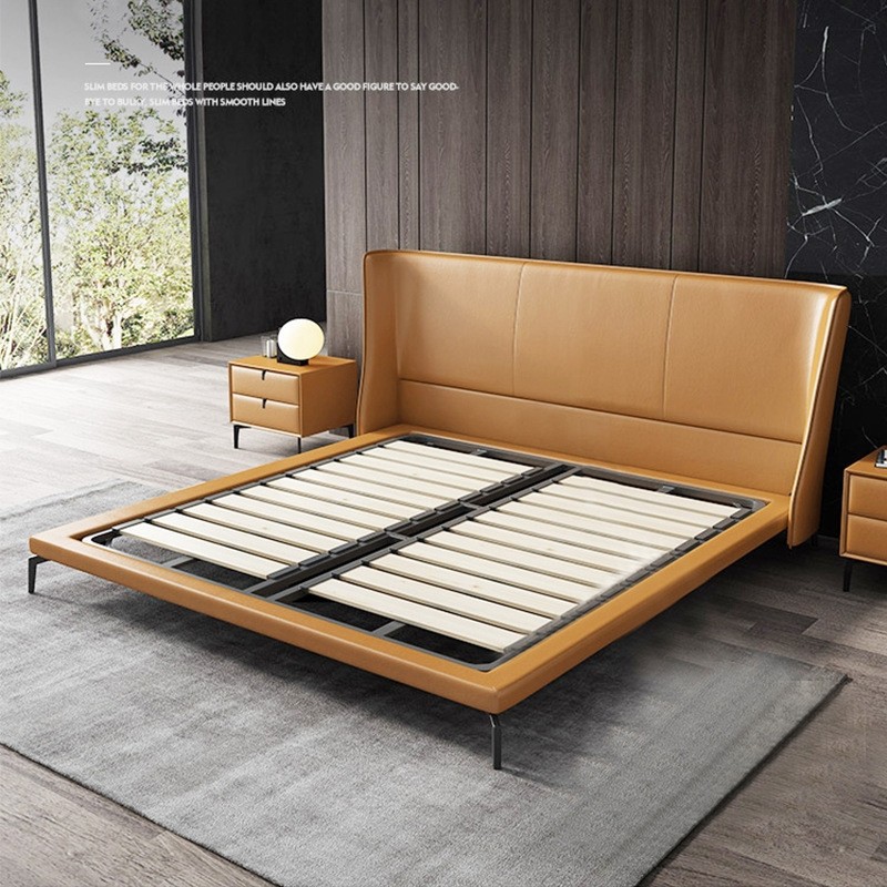 Cama de cuero real minimalista italiano moderno dormitorio principal minimalista cama naranja de gama alta elegante diseñador cama doble cama de boda