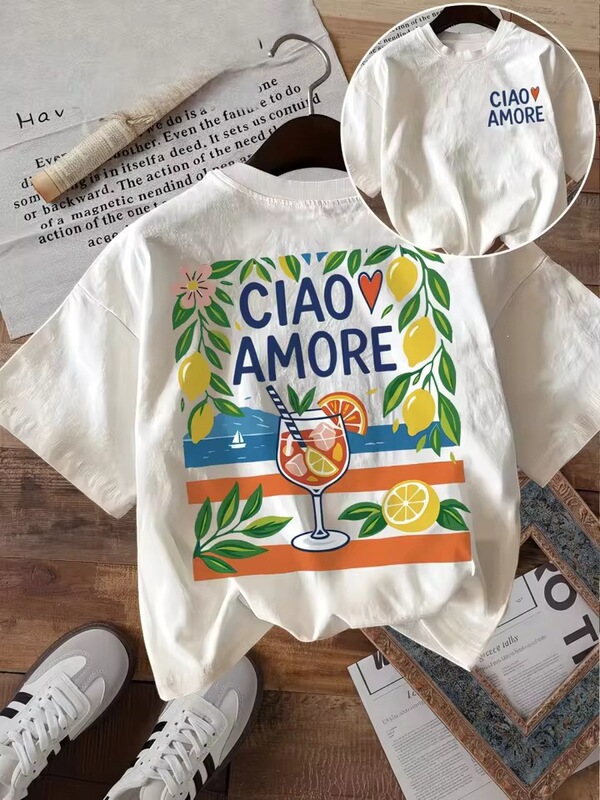 Ciao Amore Italian Graphic T-Shirt Women's Summer Mediterranean Vacation Lemon Print T-Shirt Vintage Aesthetic