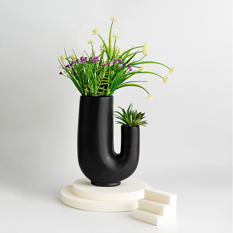 Flor de cerámica negra estilo de porcelana Chang, encimera creativa, jarrón de cerámica, decoración del hogar, inserto de flores geométricas esmeriladas