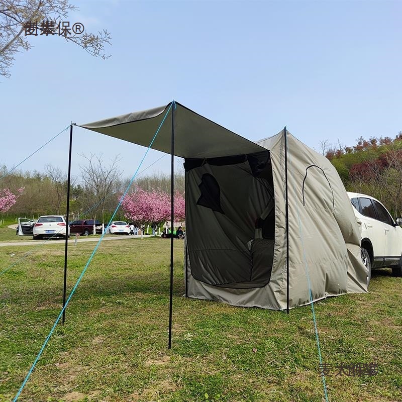 Car travel tent with extended rear, shower, sun protection, trunk-mounted, for camping, barbecue, and roof travel