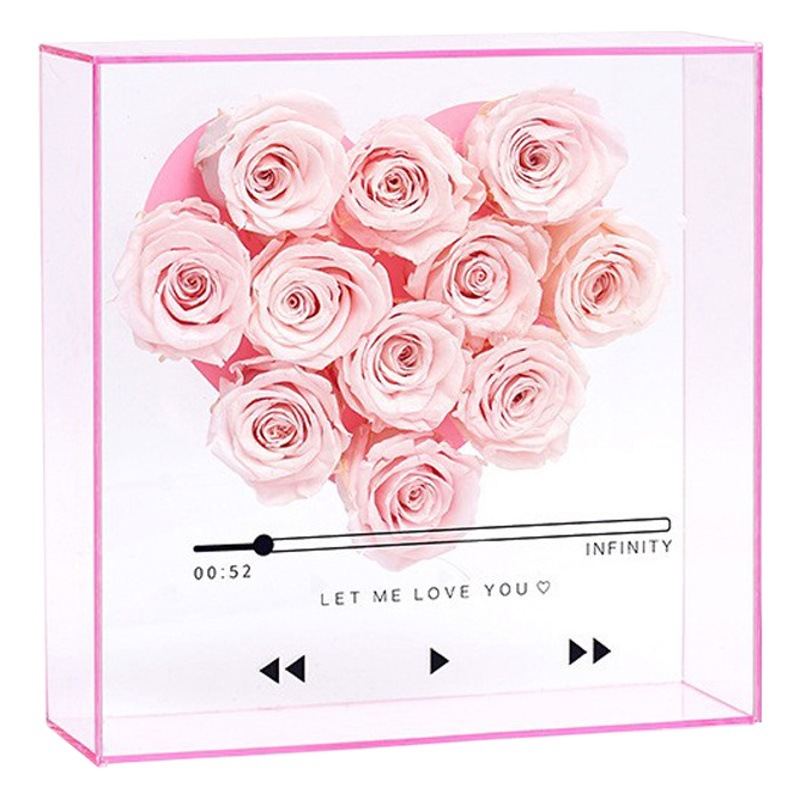 Caja de regalo de amor portátil de espejo personalizado al por mayor flores CD caja de flores de acrílico transparente caja de regalo de tapa de cesta de flores