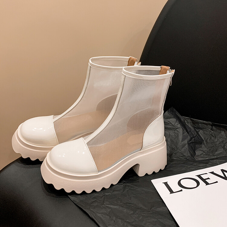 Boot ngắn nữ da thật vải lưới cao gót 6cm mùa hè phong cách Anh thoáng khí — Màu đen, Trắng be chi tiết 82