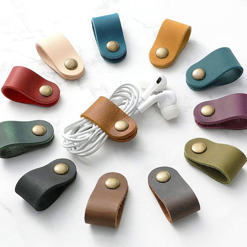 厂家批发耳机皮革收纳绑带电源线数据线整理皮扣扎带皮革绕线器