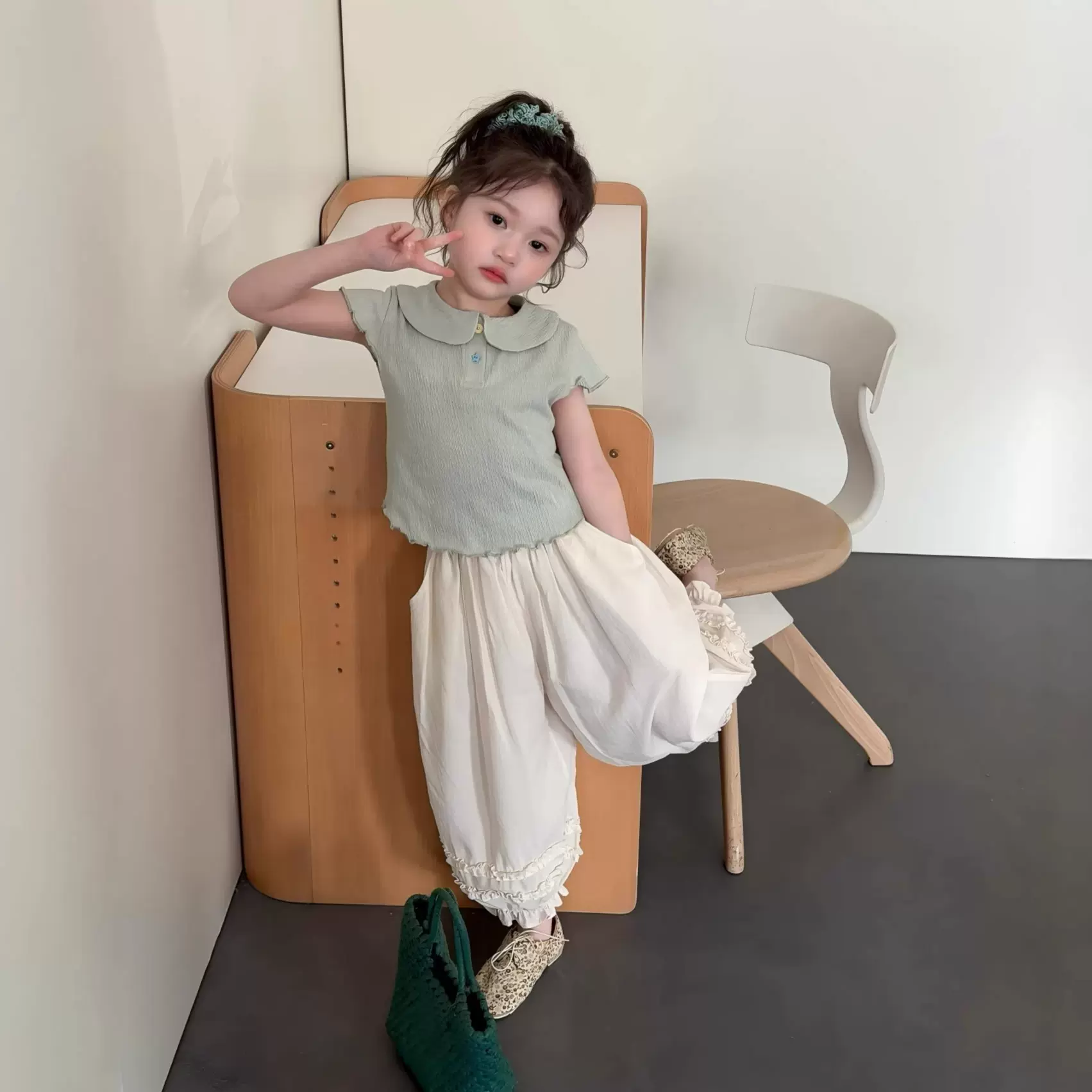 橘思女童套装2026夏季小酒窝同款翻领短袖木耳边休闲灯笼裤