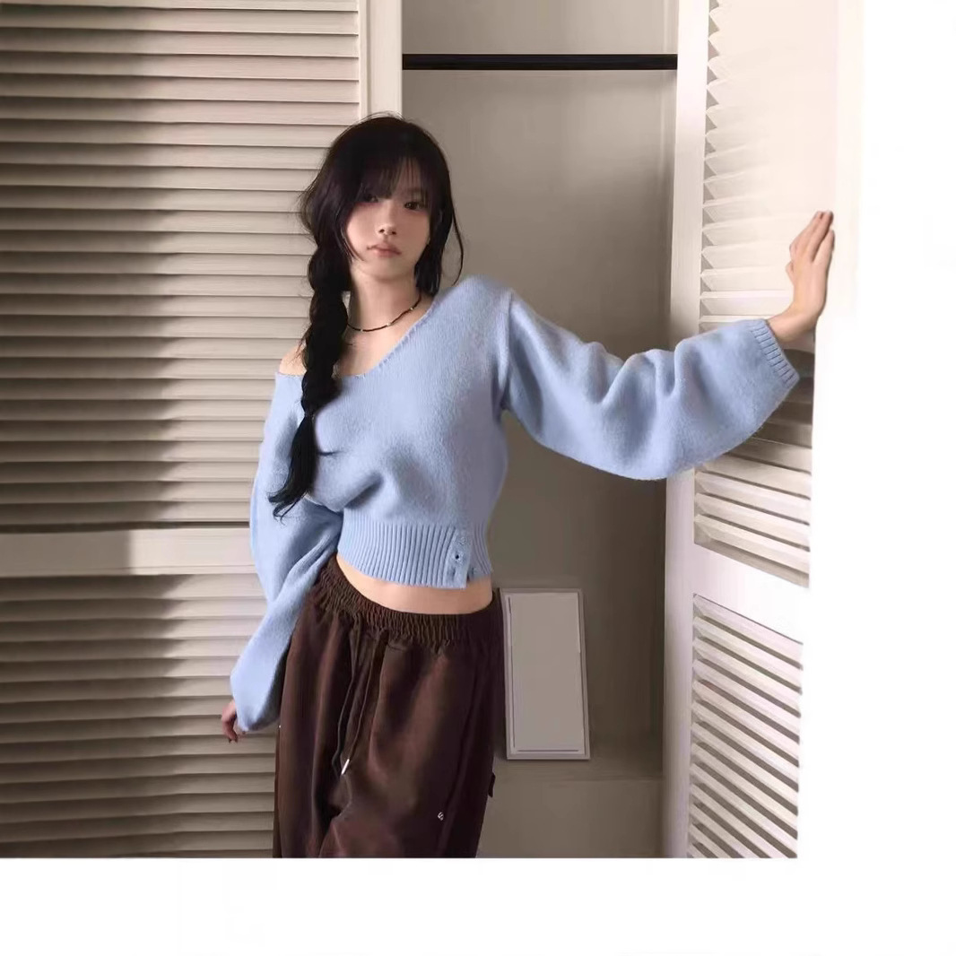 chic韩系上衣针织女衫v领侧边系开扣收腰春季女套头毛衣慵懒风