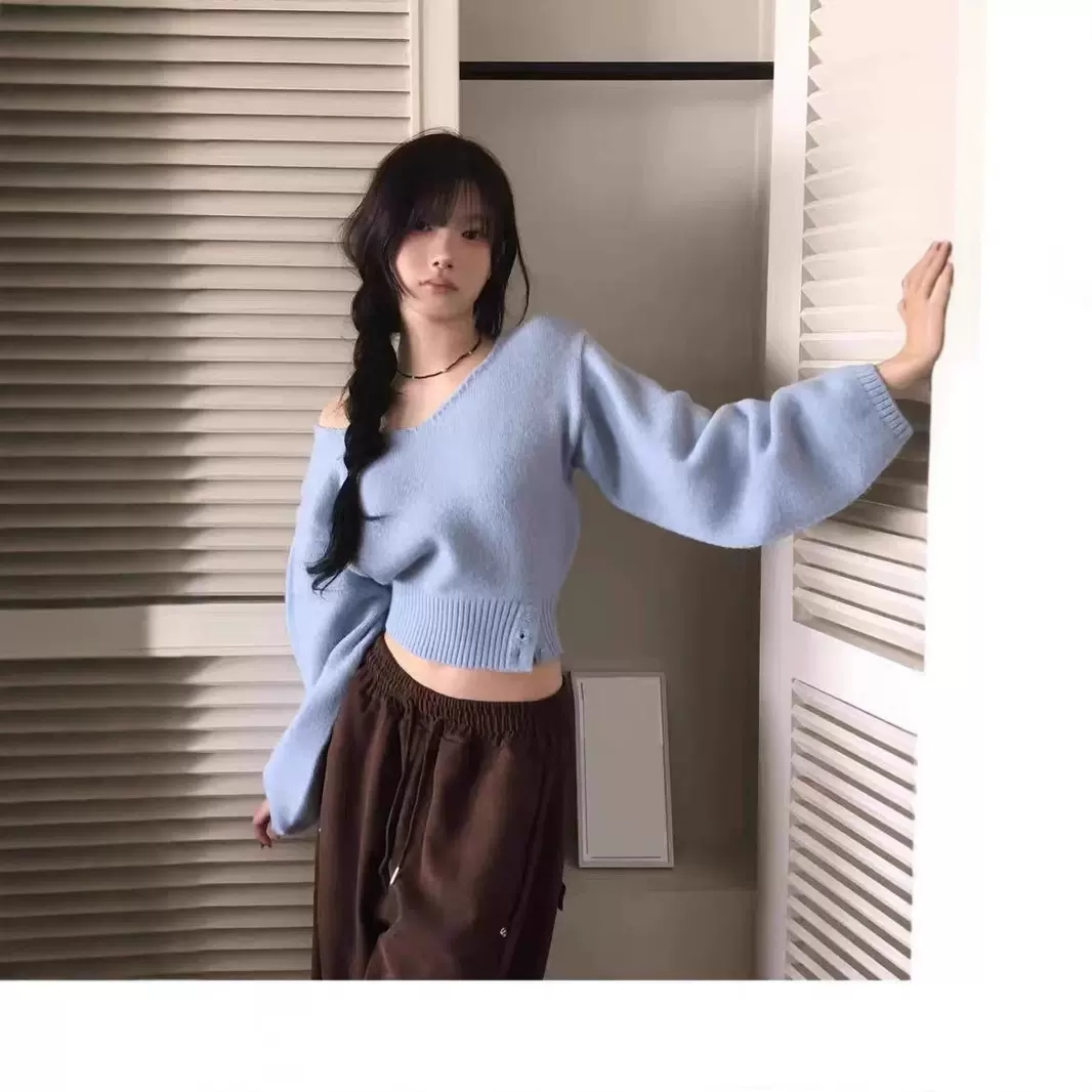 chic韩系上衣针织女衫v领侧边系开扣收腰春季女套头毛衣慵懒风