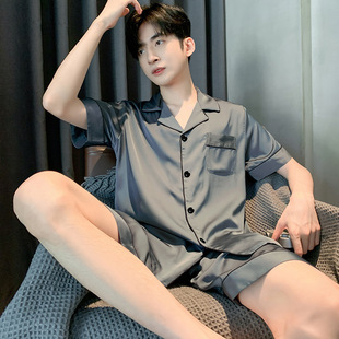 Pajamas Men's Summer Ice Silk Short-Sleeved Shorts Thin Boys Simple Casual Imitation Silk Youth Home Wear Set