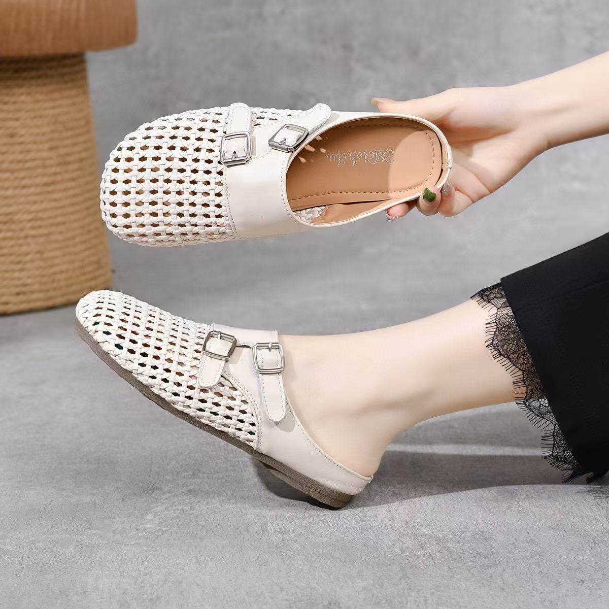 Dép sandal nữ da thật mũi tròn đan dệt phẳng gót mềm chống trượt — màu be chi tiết 6