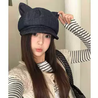 甜酷风可爱牛仔猫耳贝雷帽子女2026年秋季纯色显脸小鸭舌帽八角帽