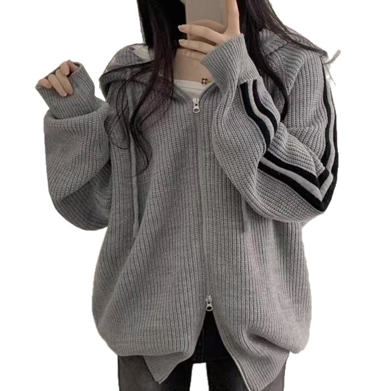 Otoño y invierno nuevo estilo coreano chic temperamento simple cuerda con sombrero diseño de nicho rayas suéter de manga larga suelta abrigo