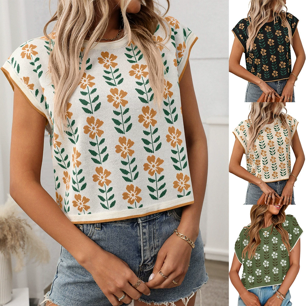 Трансграничная внешняя торговля Amazon 2025 летняя шляпа рукава с открытым пупком и коротким рукавом с круглым вырезом вязаный маленький цветочный свитер короткий