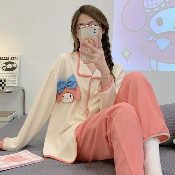 Más tamaño nuevo pijamas de las mujeres waffle algodón otoño y el invierno manga larga pequeña solapa cardigan linda chica traje hogar desgaste