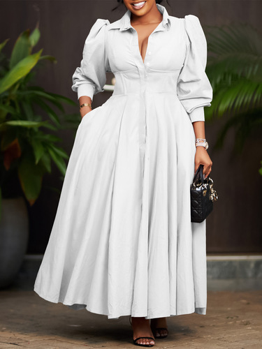 D570 Cross-border Women's Elegant Long-sleeved Large Swing Button-down Dress Top Fashion Solid Color Medium-length African Dress