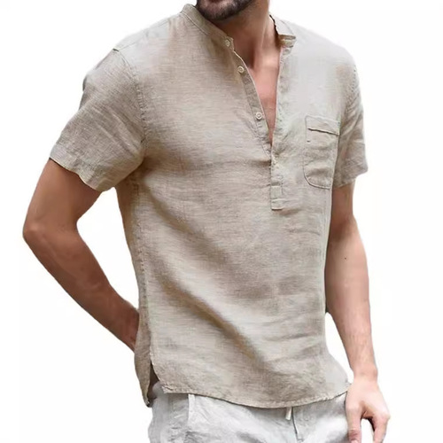 New Cotton Linen Short Sleeve Men's T-Shirt Stand Collar Button-Down Half-Open Front Simple Short Sleeve Shirt Men's Summer Solid Color Thin Model