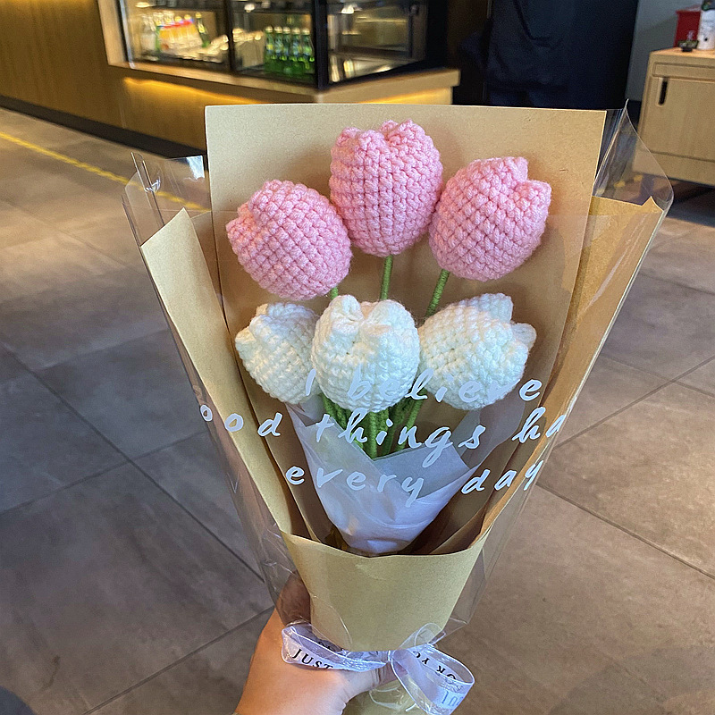 完成した手織りバラ、スズラン、ヒマワリ、造花、ウールニットブーケ、花飾り、ギフト|undefined