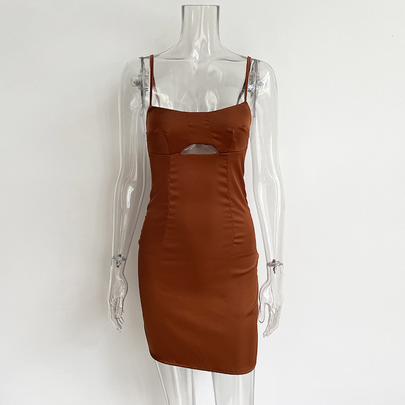 Brown Hollow Out Cami Mini Wholesale Dress