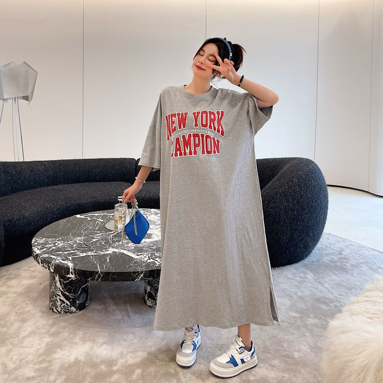 Korean Style Mori-Style Dress, New Summer Model, Plus-Size Loose Simple Lazy Dress, Long Over-The-Knee Dress for Plus-Size Women and Pregnant Women Korean Style Mori-Style Dress, New Summer Model, Plus-Size Loose Simple Lazy Dress, Long Over-The-Knee Dress for Plus-Size Women and Pregnant Women
